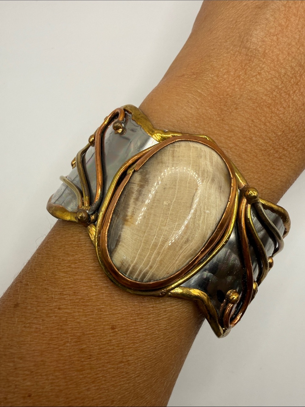 Vintage Silver Gold Copper Tone Brutalist Beige Gemstone Large Cuff Bracelet